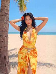 Sweetina 度假性感花卉印花不对称金属装饰女士背心 - 黃色 - 查看 5