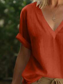 SHEIN LUNE Women's Solid V-Neck Casual Versatile Daily Wear Shirt - Coral Orange - View 3