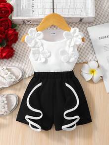 SHEIN Playful Pals Baby Girls' Cute Design Set, Spring/Summer Sleeveless Top With 3D Floral Decor + Contrast Ruffle Hem Shorts, 2pcs Set For Casual, Party, Gathering - White - View 9