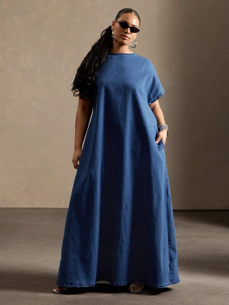 Vixey Đầm maxi denim tay bồng vai rớt cổ chữ V khoét sâu phía sau - Rửa tối - Xem 1