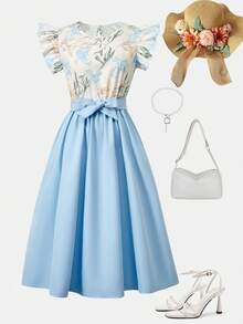 Vestido midi elegante de manga corta para niña preadolescente/adolescente, con estampado floral y mangas con volantes, decoración de lazo en la cintura, vestido de línea A, vestidos de vacaciones - Azul - Ver 5