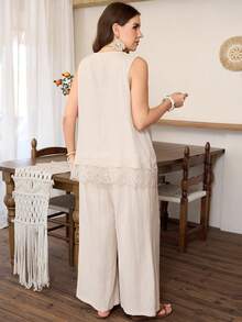 Lacomfia 2pcs Plus Size Women Summer Set, Minimalist Boho Round Neck With Decorative Hem Splice And 3D Floral Trim Vacation Beige - Apricot - View 2