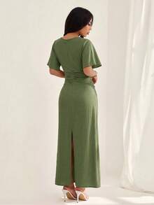 SHEIN PETITE 女士夏季纯色亚麻混纺休闲优雅连衣裙 - 薄荷綠 - 查看 2
