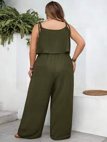 SHEIN CURVE+ Curve 尺码 US22 音乐节、海滨度假、波西米亚风女士休闲度假纹理纯色连体裤 - 軍綠色 - 查看 2