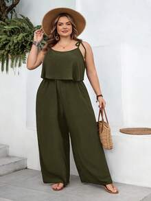 SHEIN CURVE+ Curve 尺码 US22 音乐节、海滨度假、波西米亚风女士休闲度假纹理纯色连体裤 - 軍綠色 - 查看 8