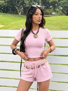 Women's Apricot Knit Minimalist Round Neck Short Sleeve T-Shirt And Drawstring Waist Shorts Casual Homewear Set,Vacation Outfits Women - Rosa - Ver 4
