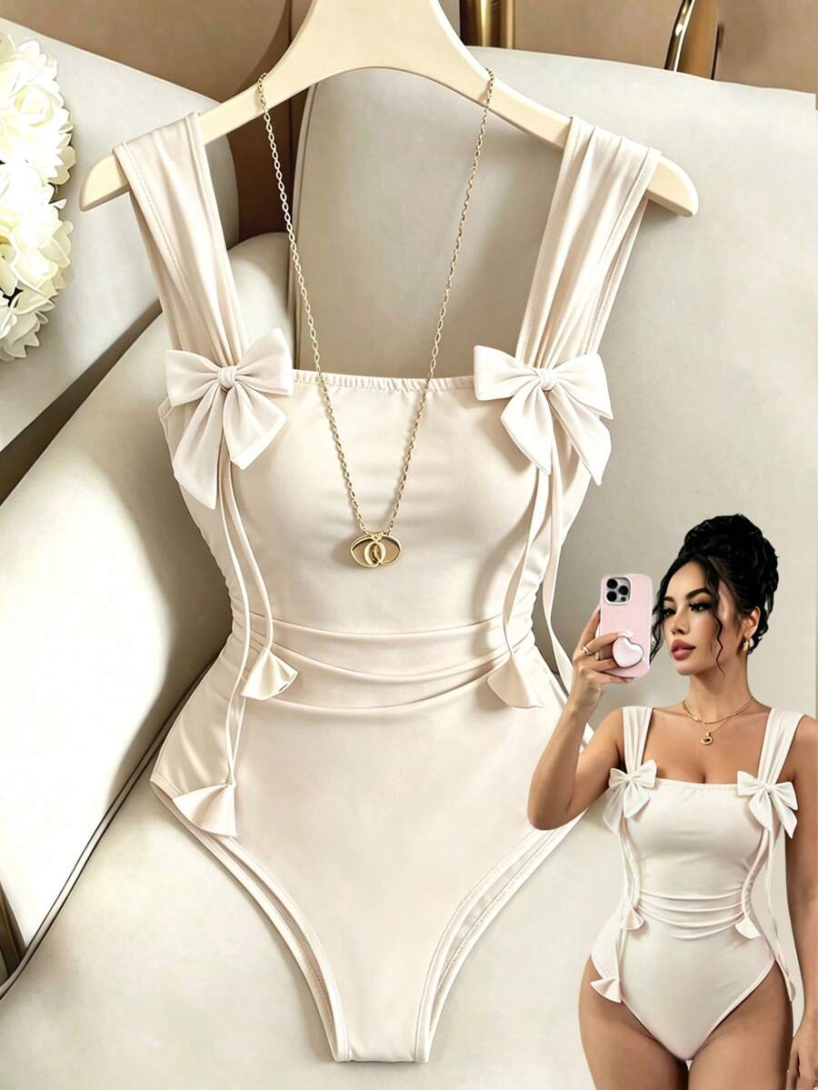Selianne Nuevo estilo de body de mujer con lazo, diseño fruncido de cintura con cordón, body elegante de ajuste ceñido - Albaricoque - Ver 1
