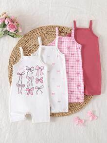 SHEIN 4pcs/Set Baby Girls' Casual Comfortable Daily Versatile Strap Romper, Suitable For Summer Vacation & Outings - Multicolor - View 1