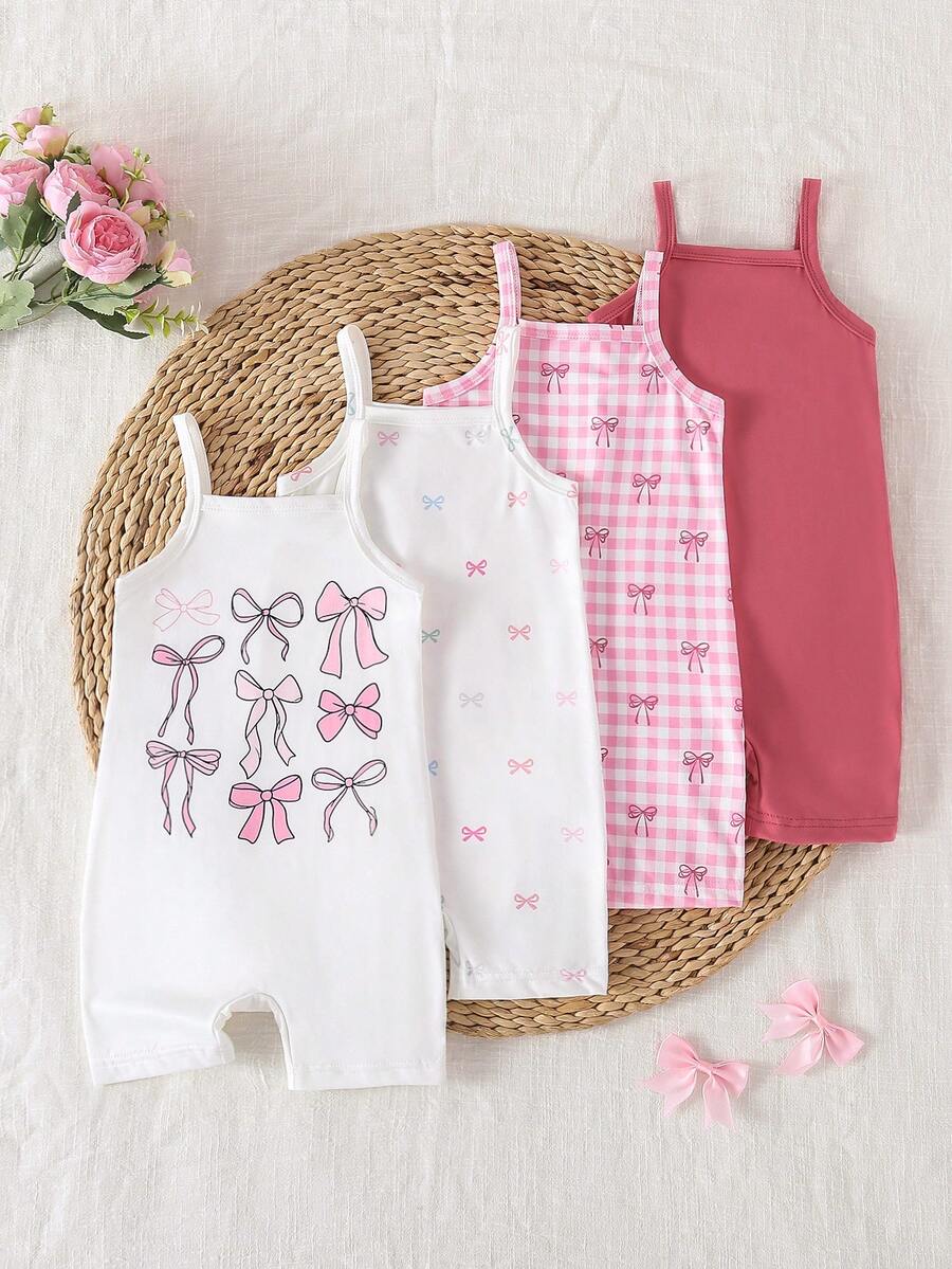 SHEIN 4pcs/Set Baby Girls' Casual Comfortable Daily Versatile Strap Romper, Suitable For Summer Vacation & Outings - Multicolor - View 1