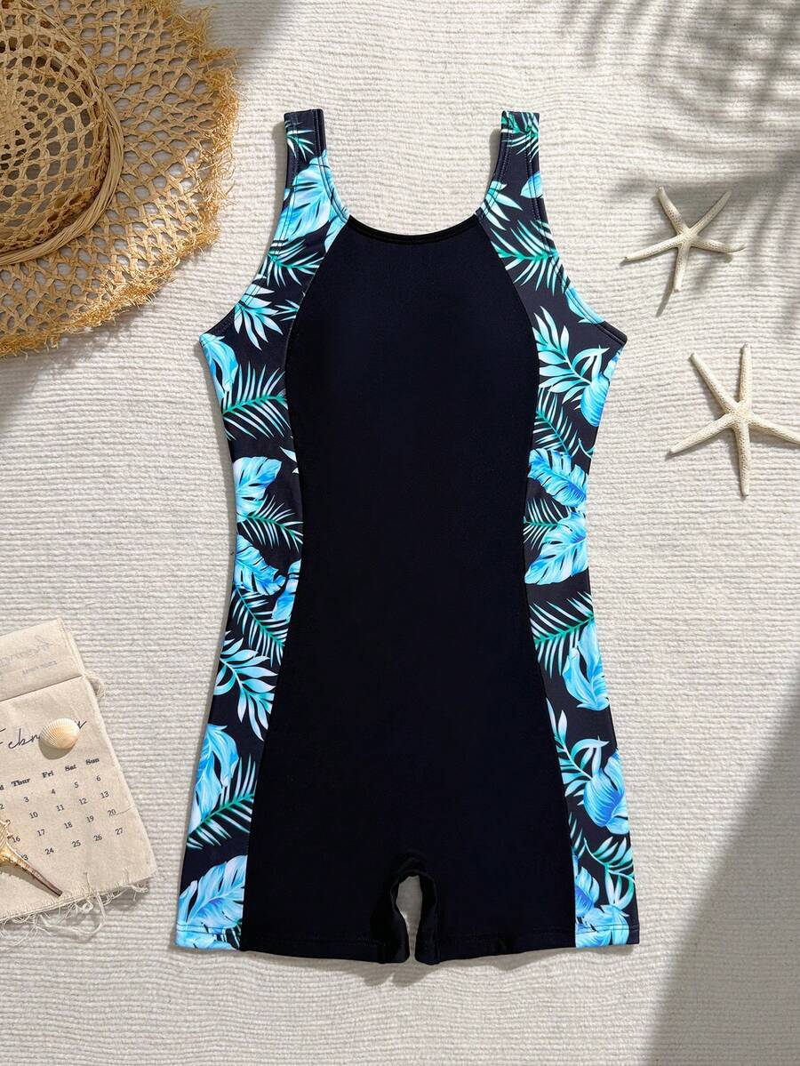 SHEIN Bộ áo liền quần in họa tiết cây nhiệt đới cho bé gái tuổi teen, thích hợp đi biển và nghỉ lễ. - màu đen - Xem 1