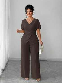 Elenzga Plus Size Women Summer Commuter Elegant Waist Cinched Short Sleeve Top Paired With Wide Leg Pants - Brown - View 3