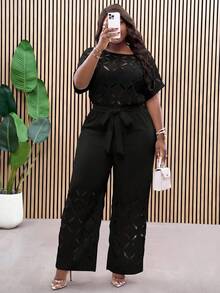 SHEIN Clasi Plus Size Women's Solid Color Cutout Design Round Neck Knotted Waist Elegant Jumpsuit - Black - View 4