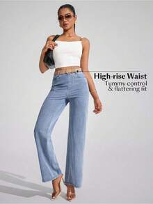 Flexra Jeans rectos de tela suave y sin estiramiento de color azul claro para mujer de talla grande, ideal para vacaciones - Lavado ligero - Ver 3