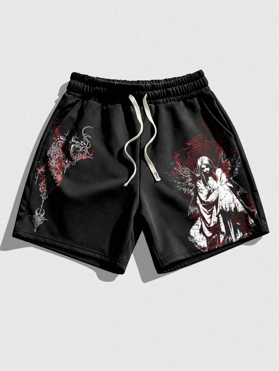 ROMWE MEN Men's Loose Dark Figure Print Shorts - Black - View 1
