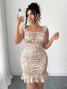Elenzga Plus Size Women's Spring/Summer Vacation Floral Print Dual-Color Pleated Flare Sleeve Ruffle Hem Tie-Front Bodycon Mini Dress - Orange - View 4