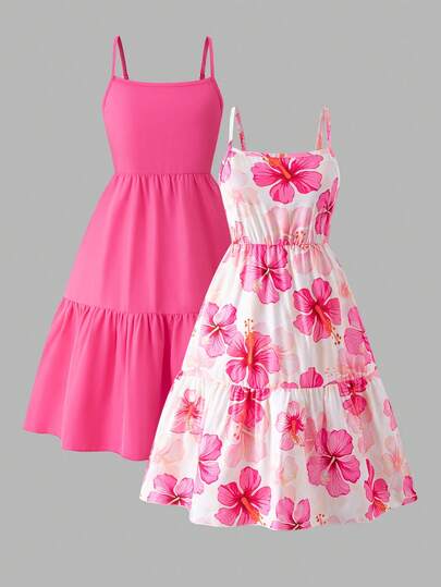 Vestido de verano para niñas, estilo casual y dulce, con tirantes, combinación de patrones de fustán y colores claros, adecuado para vacaciones al aire libre, encantador, casual, conjunto esencial de verano para niñas
