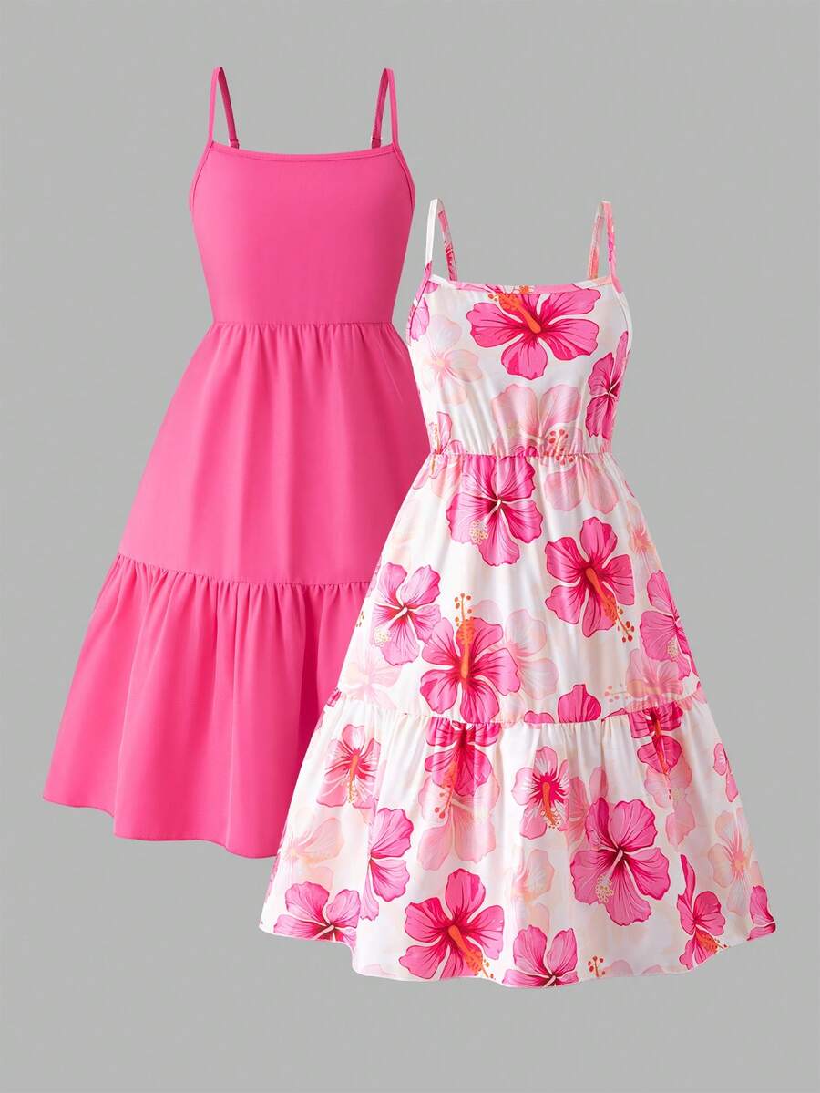 SHEIN Sparklyn Girls Pink Floral Summer Dress,Sweet Suspenders Boho Vacation Holiday Essential Set,Casual Fustian Pattern Clear Color Outdoor Lovely Dress For Girl - Multicolor - View 1
