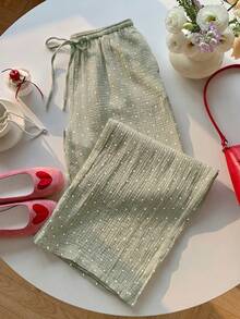 SHEIN EZwear Quần nữ màu xanh lá cây dệt họa tiết chấm bi, thắt eo. - màu xanh lá - Xem 6
