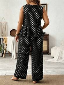 SHEIN LUNE Bộ đồ 2 món dành cho nữ cỡ lớn, họa tiết chấm bi, viền bèo nhún, gồm áo hai dây và quần dài, thích hợp cho mùa hè. - màu đen - Xem 2