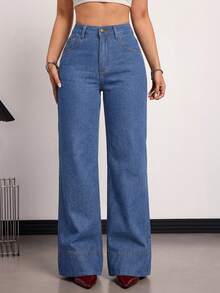 Tall Jeans de tiro alto, de pierna ancha y holgados, con bolsillos, versátiles, para uso casual en verano y primavera, elegantes para bodas y el Día de San Valentín - Azul lavado medio - Ver 5