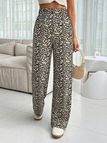 SHEIN PETITE Quần dài cạp cao dáng ôm họa tiết da báo dành cho nữ. - Rỉ Nâu - Xem 4