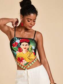 Travachic Frida Kahlo X SHEIN 女士 Frida 印花不对称下摆吊带背心 - 优雅度假沙滩装，完美适用于热带假期、西方音乐节、通勤和夏季外出 - 彩色 - 查看 6