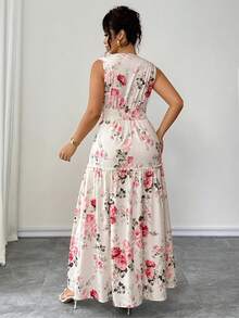 Elenzga Đầm chữ A không tay in hoa thanh lịch dành cho nữ cỡ lớn, thích hợp cho mùa hè. - Màu be - Xem 2