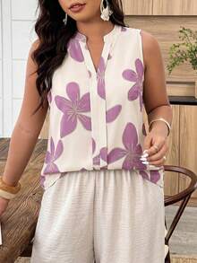 Weeklong Plus Size Women Spring/Summer Placement Print Sleeveless Casual Vacation Shirt Blouse - Multicolor - View 5