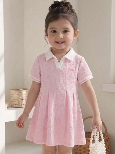 SHEIN Baby Girl Patchwork Bow Embroidery Pleated Dress, Suitable For Daily Outings, Strolling, Park Visits, Amusement Parks, Summer Picnics, Light Parties, Birthday Occasions