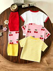 6pcs/Set Baby Girls' Cute Summer Vacation Outfit,Floral,Leopard Bow,Letter Print T-Shirt & Shorts,Blue And White Stripe,Short Sleeve Round Neck Set - Multicolor - View 2