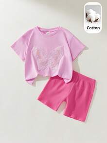 Maija Kids Bộ 2 món cho bé gái, kiểu dáng thường ngày thanh lịch, rộng rãi, thêu hình bướm dễ thương, gồm áo thun ngắn tay cổ tròn màu hồng và quần short màu tím hồng, thích hợp mặc hàng ngày, đi học, dã ngoại, họp mặt, lễ hội, mùa xuân và mùa hè. - Hồng - Xem 1