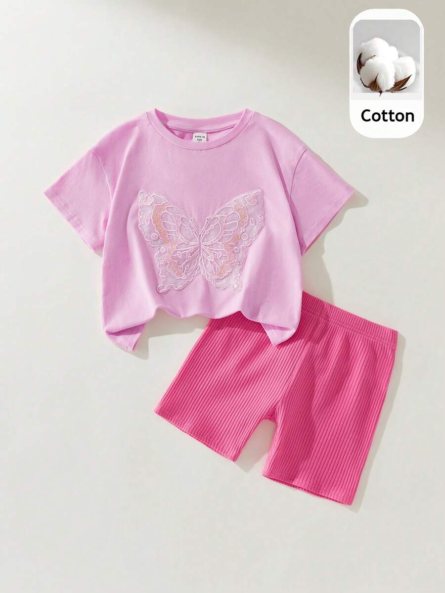 Maija Kids Bộ 2 món cho bé gái, kiểu dáng thường ngày thanh lịch, rộng rãi, thêu hình bướm dễ thương, gồm áo thun ngắn tay cổ tròn màu hồng và quần short màu tím hồng, thích hợp mặc hàng ngày, đi học, dã ngoại, họp mặt, lễ hội, mùa xuân và mùa hè. - Hồng - Xem 1