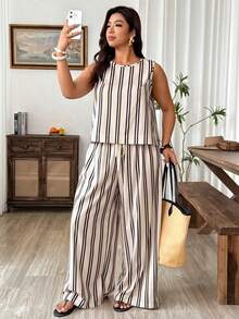 Weeklong Plus Size Women Striped Round Neck Top And Wide Leg Pants Casual 2 Pieces Set - Multicolor - View 3