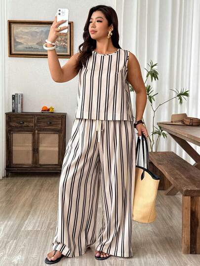 Weeklong Plus Size Women Striped Round Neck Top And Wide Leg Pants Casual 2 Pieces Set