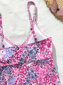 SHEIN 2pcs/Set Floral Print Tankini Swimwear For Teen Girls, Criss-Cross Bust Decor, Suitable For Beach, Vacation, Summer - Multicolor - View 5