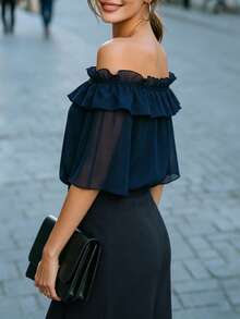 Balvessa Women's Off Shoulder Navy Blue Ruffle Chiffon Blouse - Navy Blue - View 2