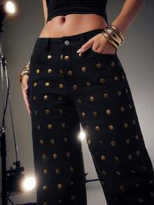 Denimoi Celana Jeans Denim Potongan Lurus dengan Detail Stud Emas, Modis, Musim Gugur dan Musim Dingin - Hitam - View 2