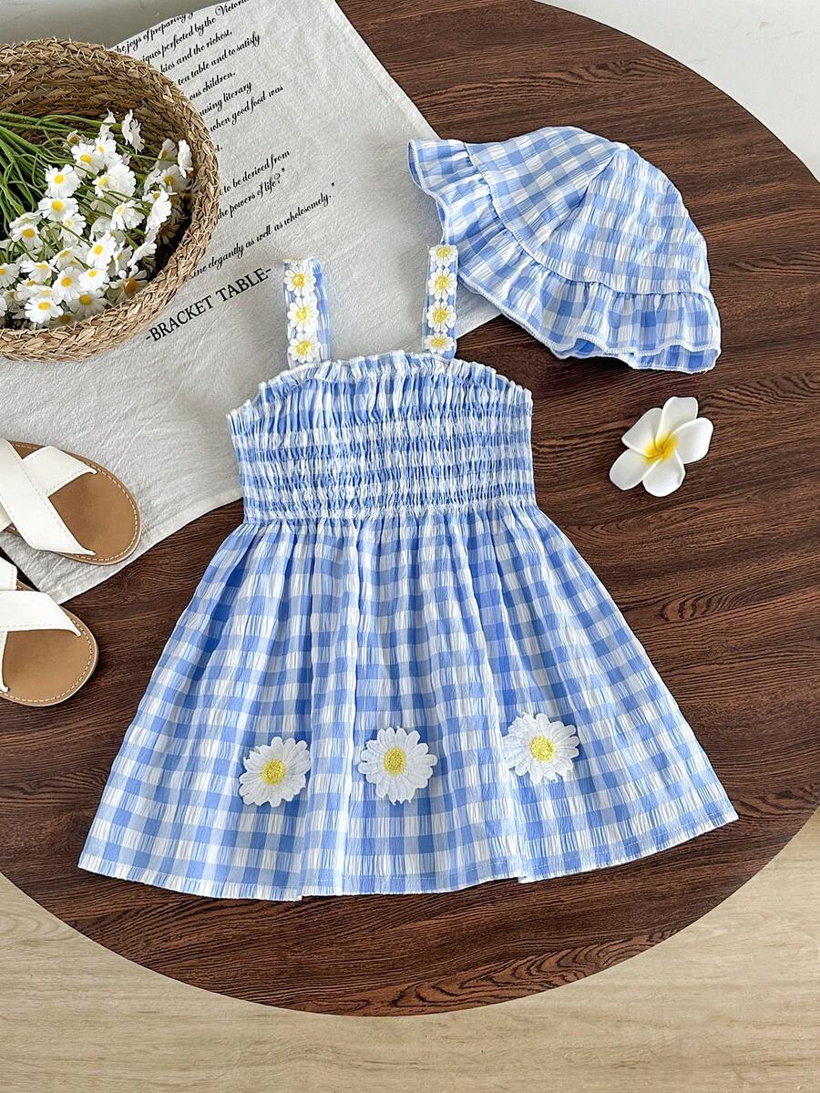 SHEIN 两件装女婴/幼儿柠檬印花吊带连体衣连衣裙，含帽子，休闲舒适，可爱百搭，适合日常穿着、度假和玩耍