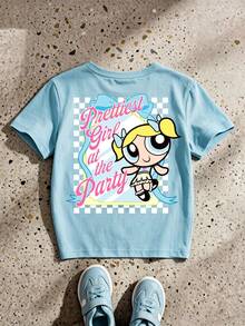THE POWERPUFF GIRLS X SHEIN 少女卡通印花圆领短袖T恤，浅蓝色，适合上学、外出、夏季休闲穿着 - 藍色 - 查看 2