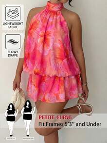 SHEIN PETITE CURVE 大码高领无袖露背夏季碎花休闲连衣裙 - 彩色 - 查看 3