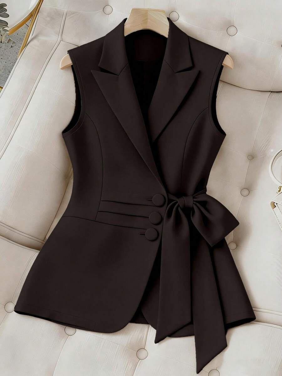 GlowEve CURVE Women's Solid Color Fashionable Tie-Up Vest Jacket - Brown - View 1