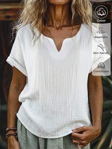 SHEIN Women's 100% Cotton V-Neck Pullover Casual Resort Casual Dress Shirt For Ladies, White Shirt, Summer Ladies Shirt, Fashionable Casual Resort Ladies Shirt, Outerwear, Ladies' Top, White Top,Middle-Aged & Elderly Women's Solid Color V-Neck Casual Versatile Daily Wear Short Sleeve Blouse - White - View 2