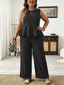 SHEIN LUNE Bộ đồ 2 món dành cho nữ cỡ lớn, họa tiết chấm bi, viền bèo nhún, gồm áo hai dây và quần dài, thích hợp cho mùa hè. - màu đen - Xem 5