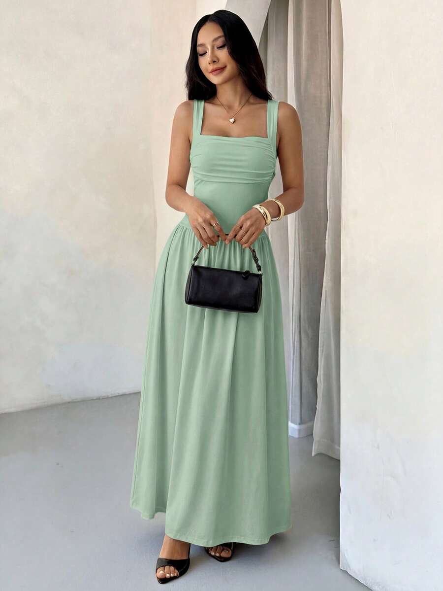 SHEIN PETITE 女款優雅熱帶風純色鼠尾草綠方領喇叭裙,夏季度假女裝,適合小個子女性 - 薄荷綠 - 查看 1