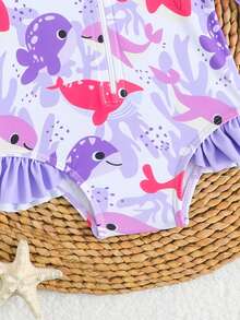 Bañador de protección solar con estampado de peces de dibujos animados de manga larga para niñas bebé para la playa y vacaciones - Multicolor - Ver 3