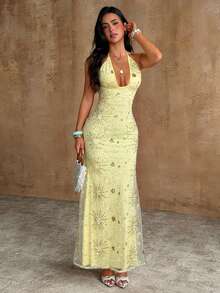 Bluhae Vestido de tirantes elegante y sexy con lentejuelas con motivos celestiales, adecuado para vacaciones/festivales de música - Amarillo - Ver 7