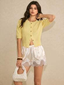 SHEIN PETITE CURVE Plus Size Women's Curve Elegant Satin Lace Trim Shorts, Elastic Waist Ruffled Hem Loungewear, Pastel Lantern Shorts, Resort Wear Holiday Summer - Apricot - View 7