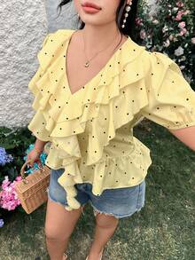 Modelyn Plus Size Summer Casual Polka Dot Print Ruffle Trim Blouse - Yellow - View 1