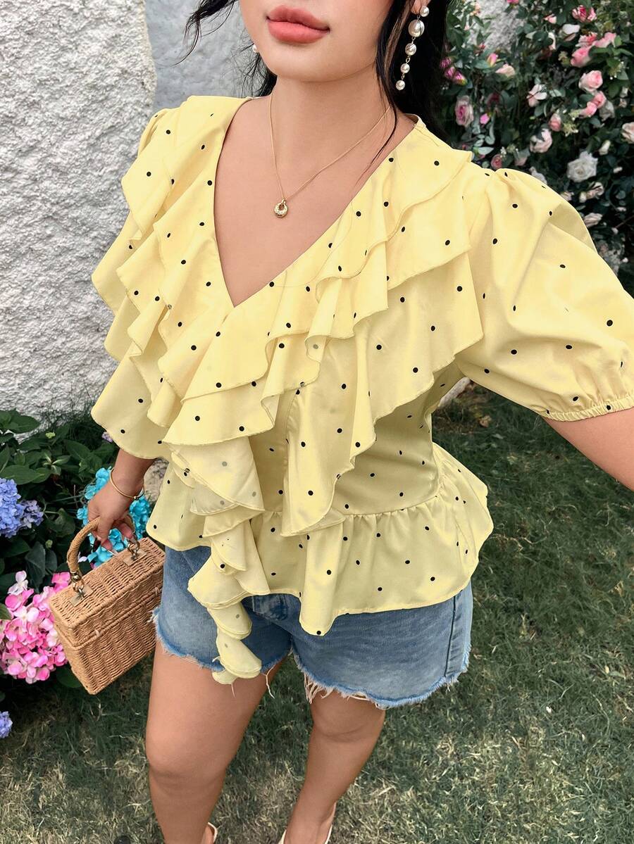 Modelyn Plus Size Summer Casual Polka Dot Print Ruffle Trim Blouse - Yellow - View 1