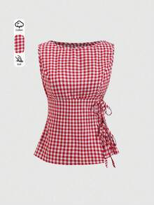SHEIN PETITE 春夏新款复古乡村风无袖露肩侧裹腰系带修身女式红白格子衬衫，夏季穿搭 - 紅白色 - 查看 3
